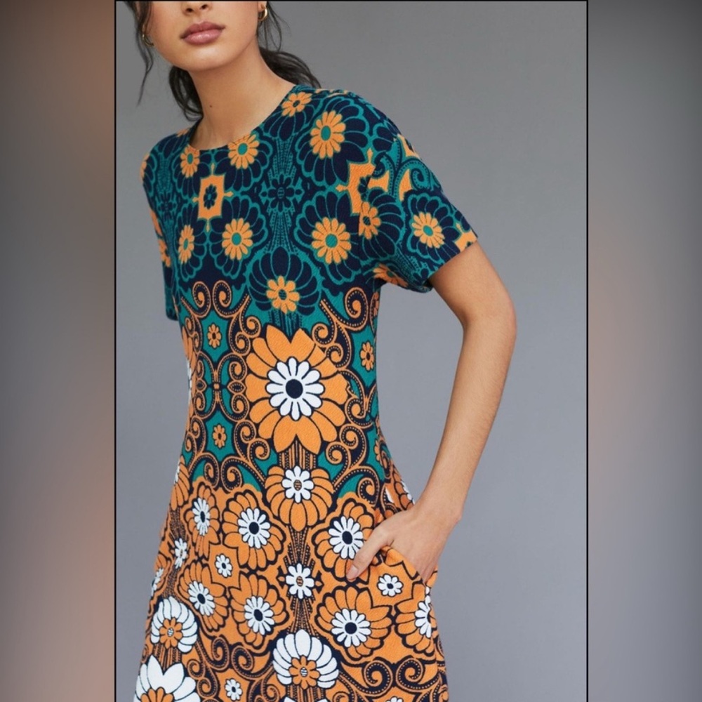 Anthropologie Maeve Floral Mini Dress - Green, Orange, White